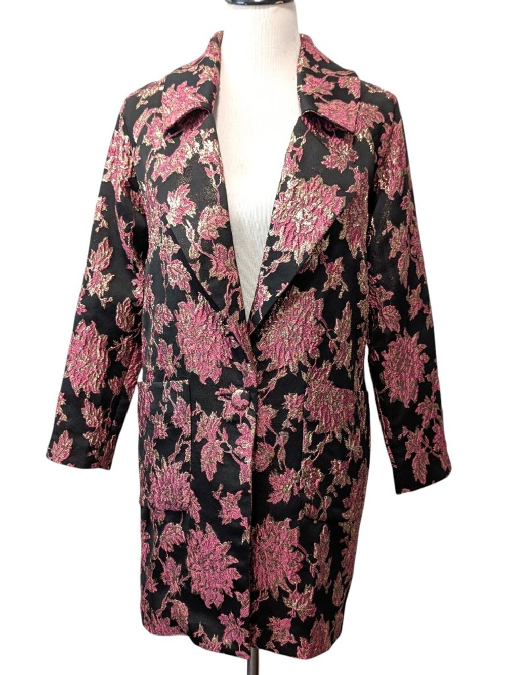 For Love & Lemons Womens NWT Sz XS Luella Pink Gold Metallic Jacquard Layer Coat